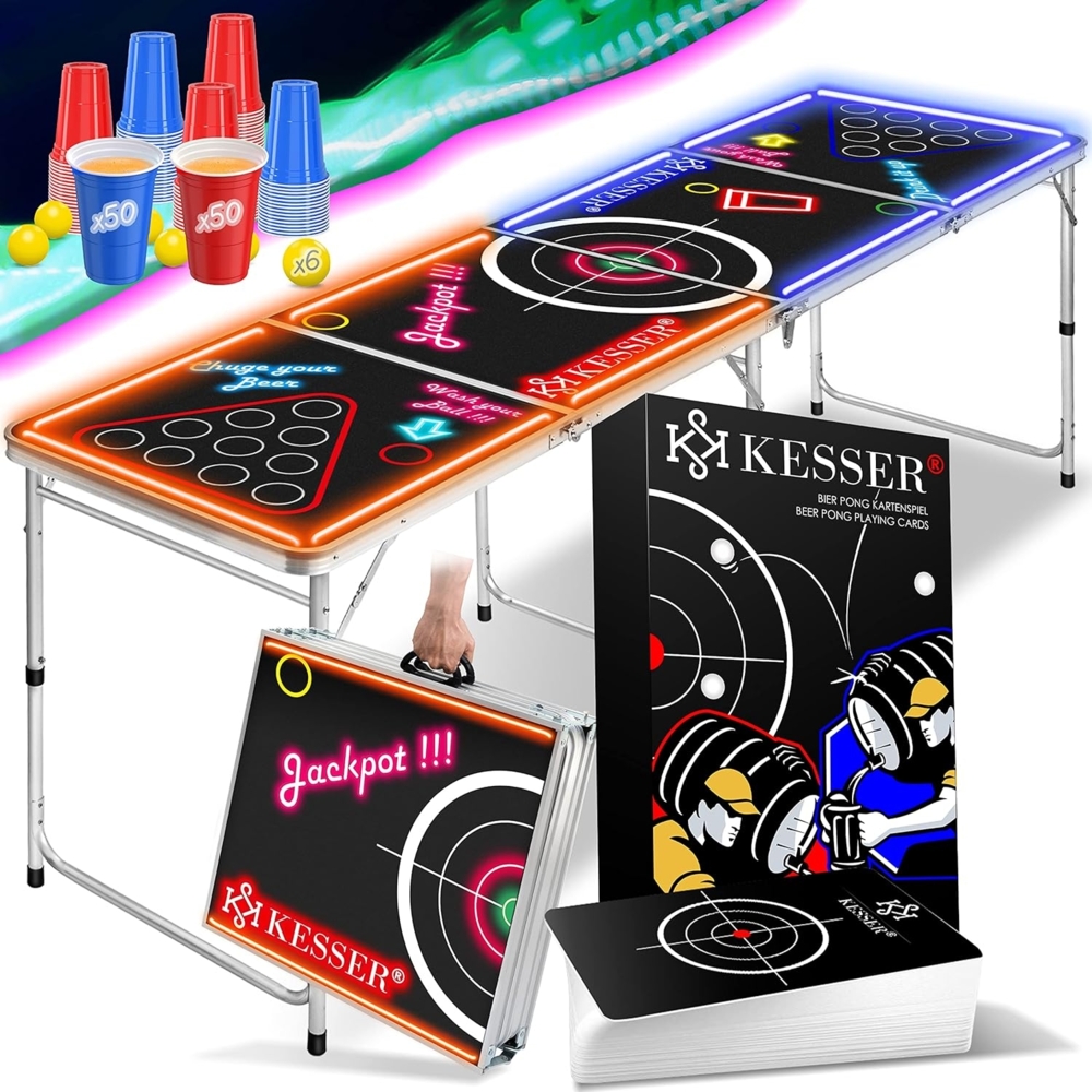 KESSER® Beer Pong Tisch Set mit LED, Kartenspiel, 100 Becher & 6 Bälle, höhenverstellbar / klappbar, Aluminium schwarz, 61 x 244 x 76 cm Bild 1