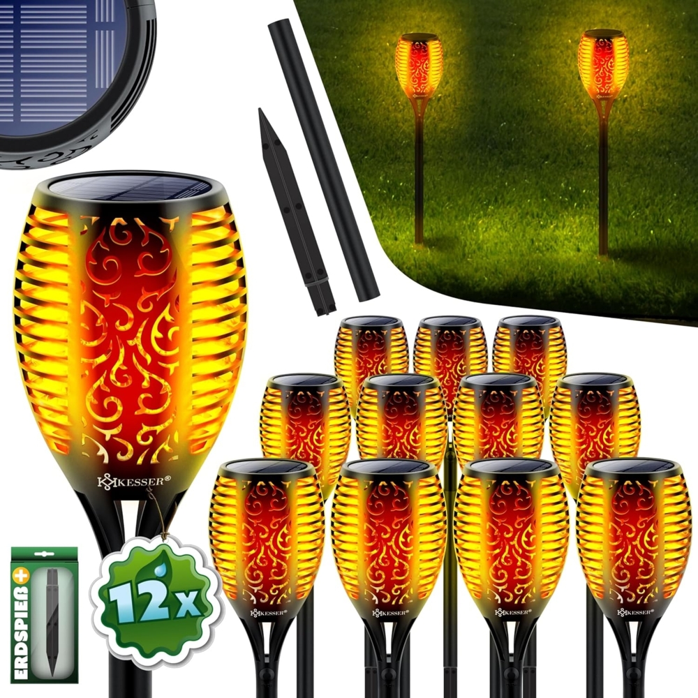 KESSER® Gartenfackel Solar Set Solarleuchten Flamme mit Wandhalterung + Erdspieß Licht-Sensor Wetterfest Garten Solarleuchte Fackel Lichter LED Gartenlampe Solarlampe Flammenlicht 12 LED´s, 12er Set Bild 1
