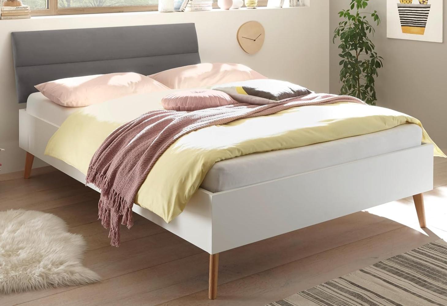 Doppelbett MAINZ-61 in weiß matt/grau, skandinavisches Design, mit Füßen aus Natureiche Massivholz, 140x200 cm Bild 1