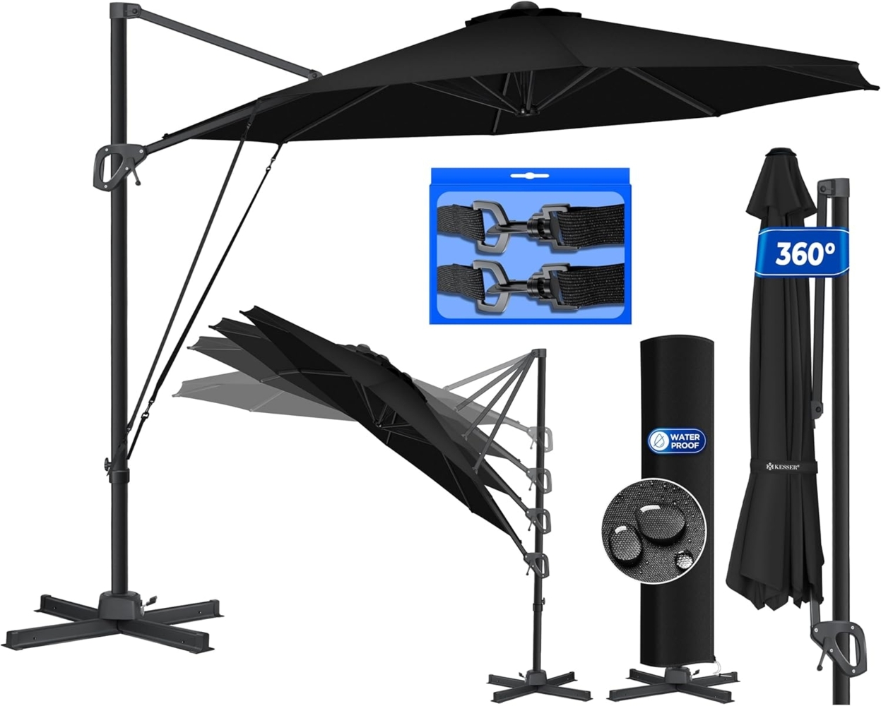KESSER® Sonnenschirm Ampelschirm Sun Rund XL, Schwarz, Ohne LED Bild 1