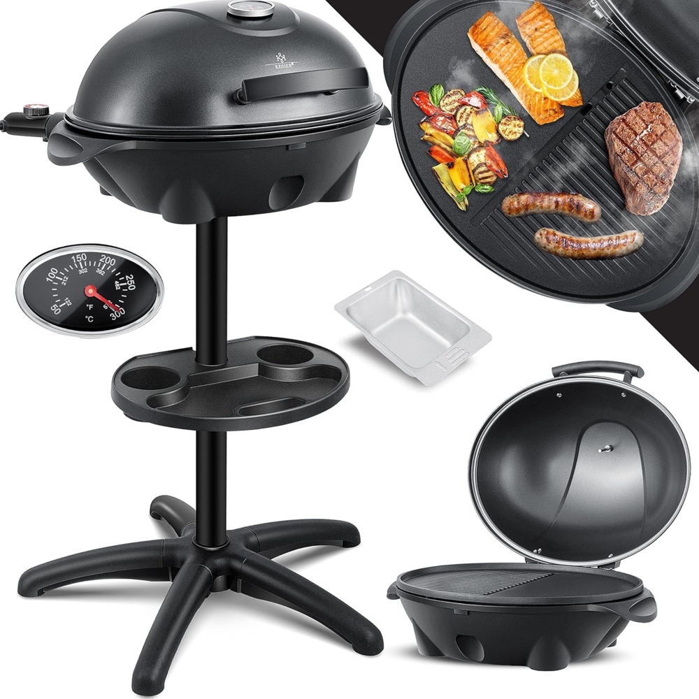 KESSER® elektrischer Elektrogrill 2in1 Tischgrill - Standgrill mit Deckel Standfuß | max. 2400 Watt Thermometer | Antihaftbeschichtung | XXL Grillplatte | integrierte Ablagefläche Elektro-Säulengrill Schwarz Bild 1