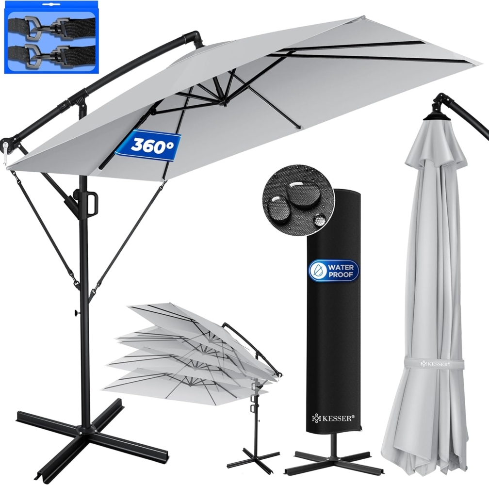 KESSER® 'Holly' Ampelschirm ohne LED Solar, inkl. Ständer, Abdeckung & Windsicherung mit Kurbel, Aluminium hellgrau, Ø 350 cm Bild 1