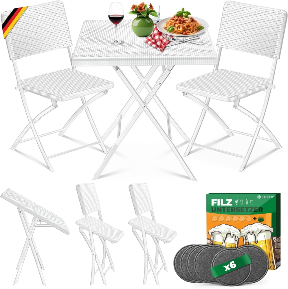 KESSER® Bistroset 3-teilig Balkontisch mit 2 Stühlen | Balkonmöbel Wetterfest & UV-beständig Balkonset klappbare Sitzgruppe | Beschichtetes Stahl | Gartenmöbelset mit 6 Filz-Untersetzer Weiß, Rattan Bild 1