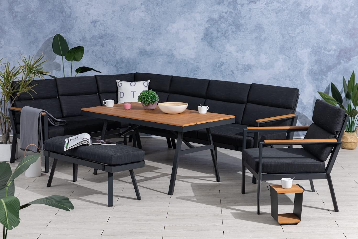 Gardissimo 'Nabari XL' Dining-Ecklounge mit Ecksofa, Bank, Tisch & Sessel, 10 Personen, Anthrazit / Braun, Links Bild 1