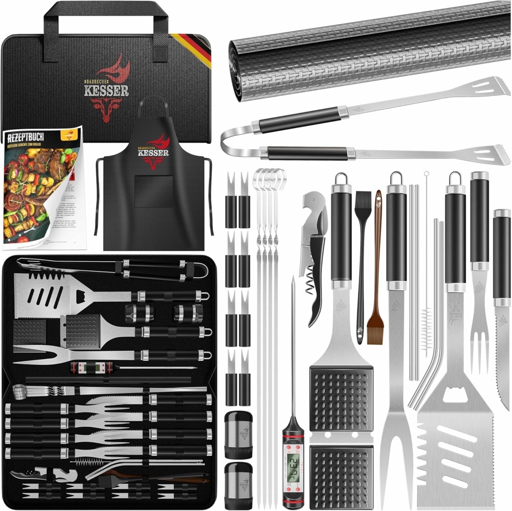 KESSER® Grillbesteck Set 37-teilig Grillzubehör aus rostfreiem Edelstahl Grillset mit Grillzange, Grillwender, 4in1 Grillspatel, Grillgabel, Grill-Spieß, Thermometer, Korkenzieher, Grillmatte & Tasche Schwarz Bild 1