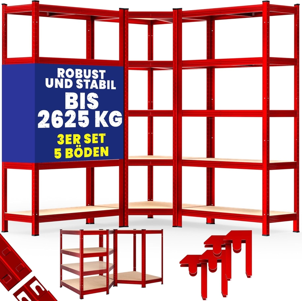 Monzana® 3er Set Schwerlastregal Eckregal 2625 kg 15 MDF-Platten Regal Lagerregal Kellerregal Steckregal Werkstattregal Regalsystem Rot Bild 1