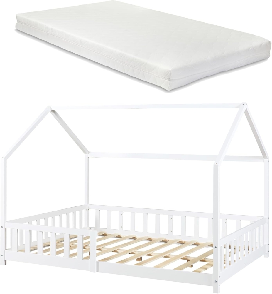 Hausbett Hesel, Kinderbett, Lattenrost und Matratze, Weiß, 120x200 cm Bild 1