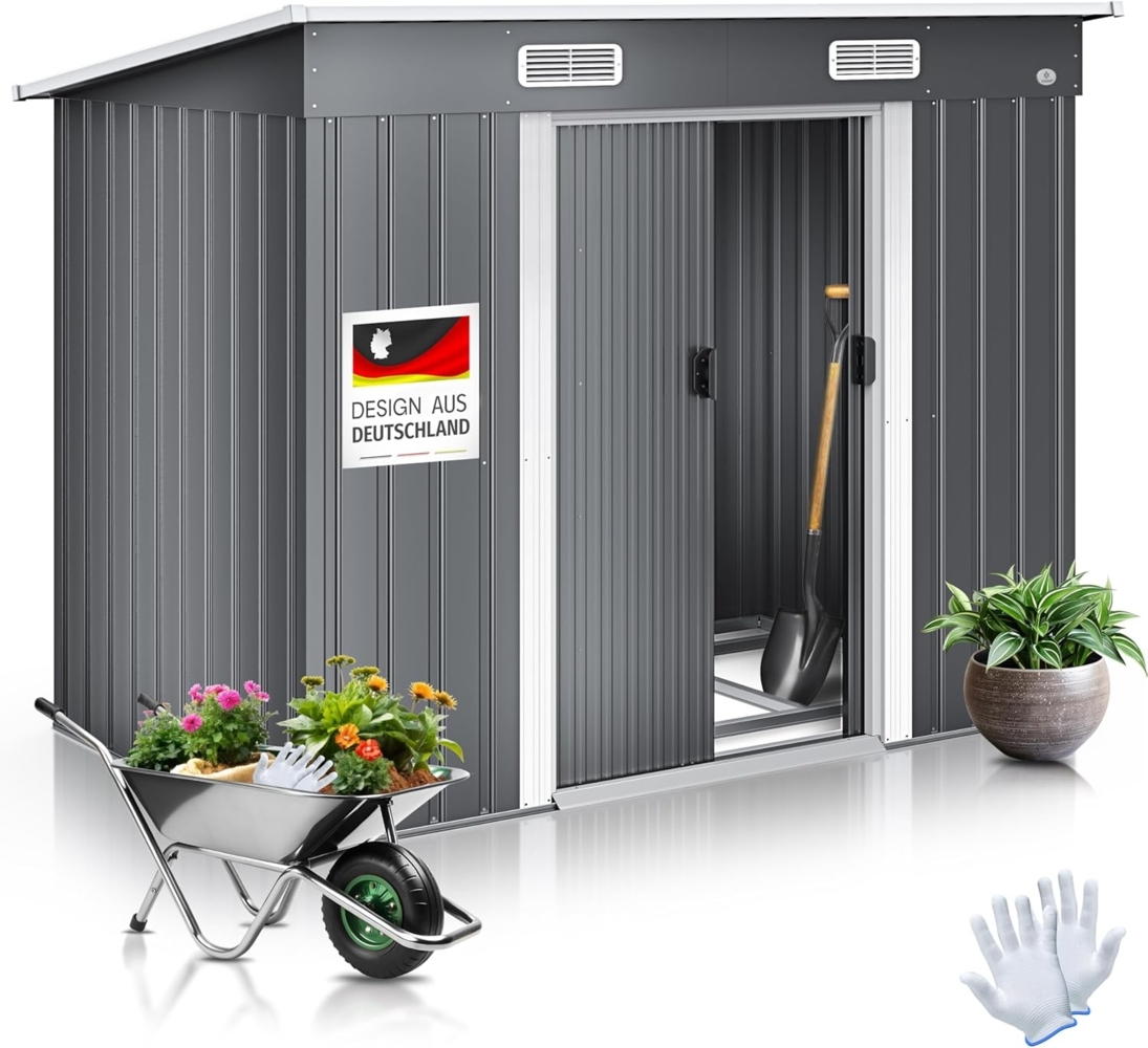 KESSER® - Gerätehaus L Metall 4 m³ mit Fundament | 210x122x186 cm | 2x Schiebetür & Fundament | Geräteschuppen | Gartenhaus Schrank | Pultdach Garten Schuppen | Inkl. Arbeitshandschuhe Grau Bild 1