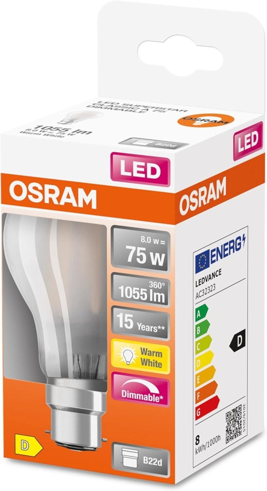 Osram LED-Lampe Standard 7,5W/827 (75W) Frosted Dimmable B22d Bild 1