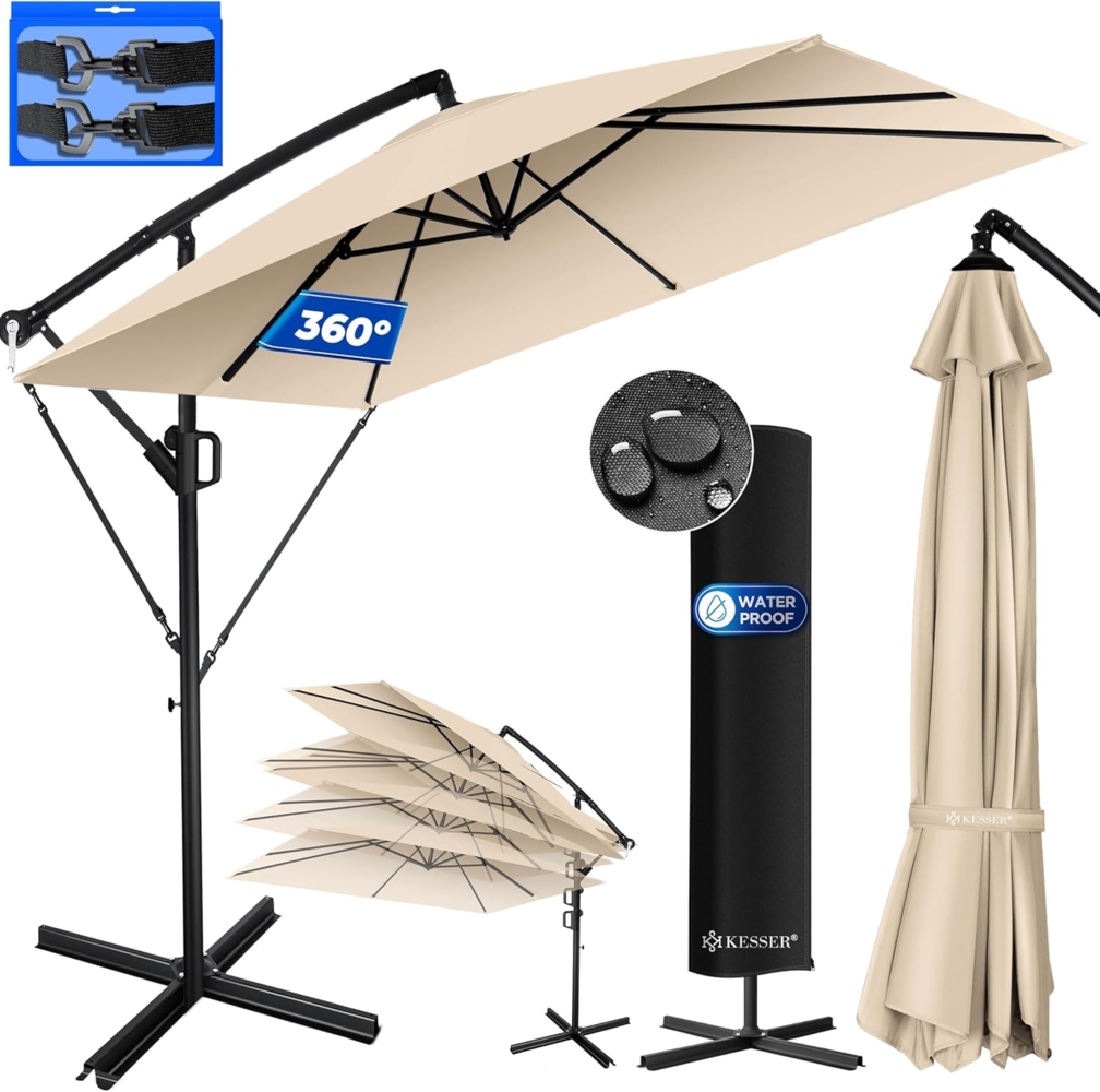 KESSER® 'Holly' Ampelschirm ohne LED Solar, inkl. Ständer, Abdeckung & Windsicherung mit Kurbel, Aluminium beige, Ø 350 cm Bild 1