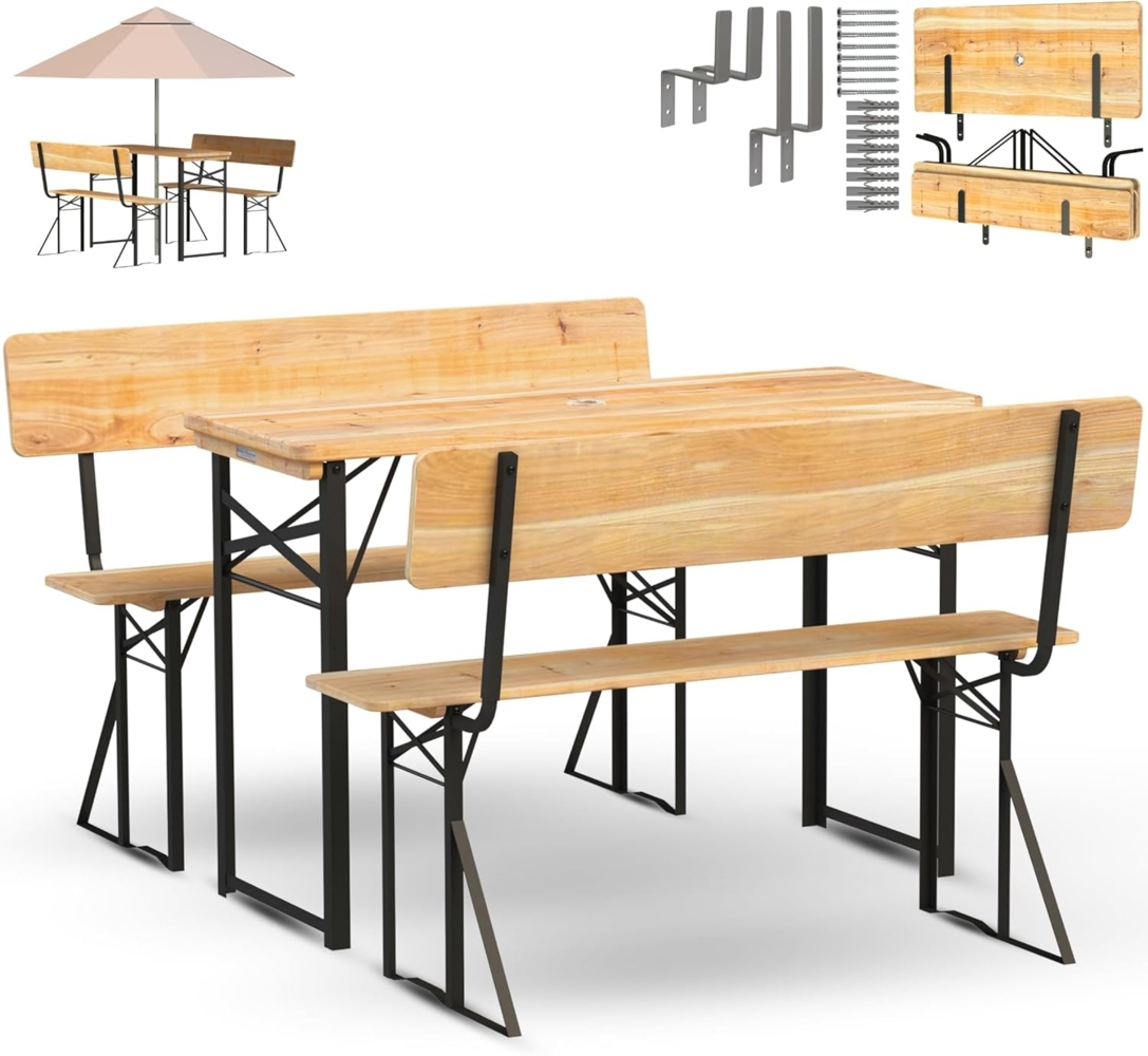 Holz4home Bierzeltgarnitur mit Sonnenschirmhalterung und Rückenlehne, 3-teilig, klappbar, Tannenholz natur, 117 x 45,5 x 75 cm Bild 1
