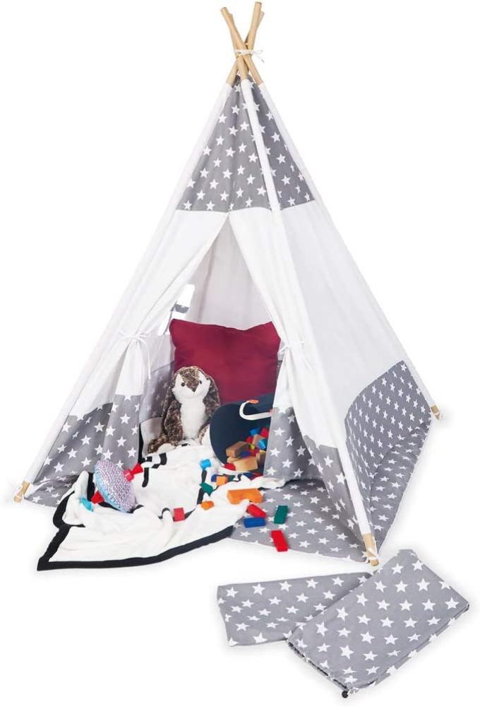 Pinolino 'Jakara' Tipi mit Fenster, Bodenmatte & Aufbewahrungsbeutel, Holz / Baumwolle / Polyester, 120 x 120 x 155 cm, Grau / Weiß Bild 1