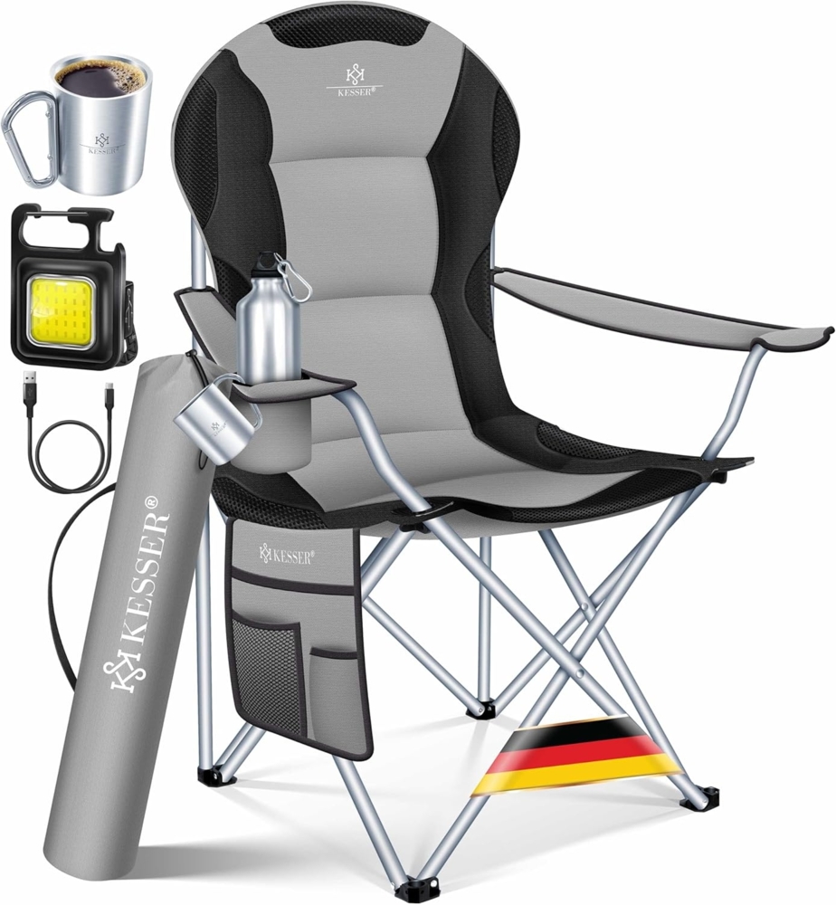 KESSER® Campingstuhl faltbar bis 150 kg Angelstuhl Faltstuhl Klappstuhl Gepolstert mit Armlehnen, Campinglicht und Getränkehalter + Tasche mit hoher Rückenlehne, Strandstuhl, Klapphocker Grau / Schwarz Bild 1