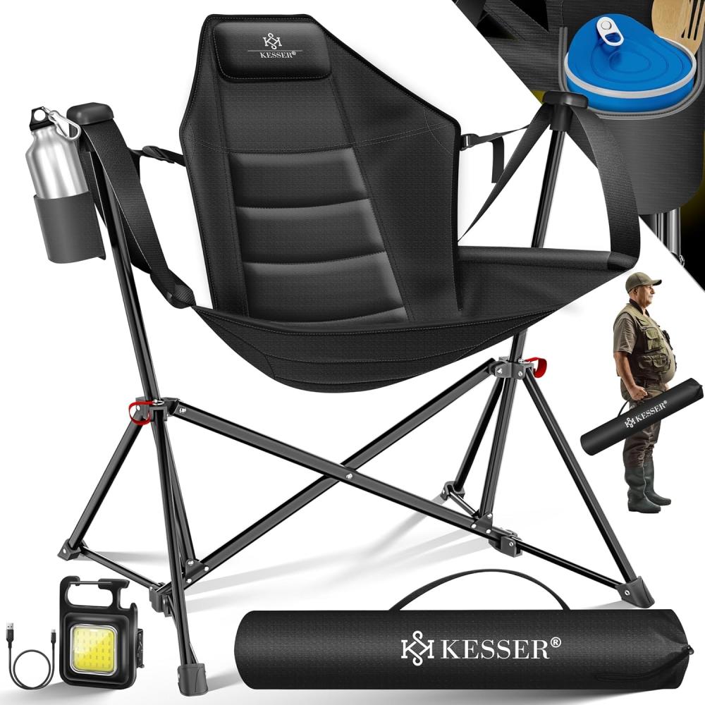 KESSER® Camping-Schaukelstuhl, faltbar, mit hoher Rückenlehne, Getränkehalter, Tragetasche & Wippfunktion, bis 160 kg, Schwarz / Schwarz Bild 1