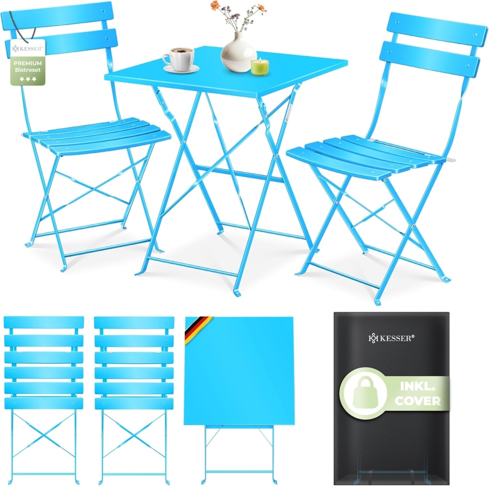 KESSER® Bistroset 3-teilig mit Bistrotisch & 2 Klappbaren Stühlen | Gartenmöbel-Set Outdoor Sitzgruppe | UV & wetterbeständig Gartentisch | Balkonset bestehend aus Klapptisch & 2x Klappstühlen & Cover Hellblau Bild 1