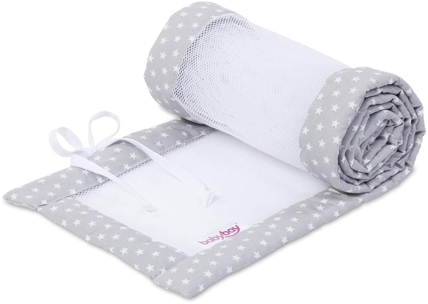 babybay Nestchen Mesh passend für Modell Maxi, Boxspring, Comfort und Comfort Plus, lichtgrau Sterne weiß Bild 1