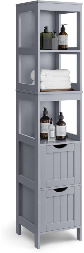 Vasagle Badezimmerschrank mit 2 Schubladen und 3 offene Fächer, MDF, 30 x 30 x 141,5 cm, Taubengrau Bild 1
