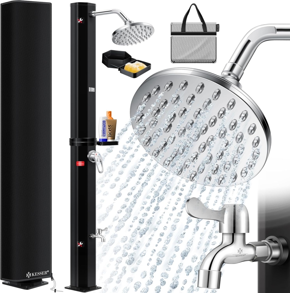KESSER® Solardusche 40- 60 Liter Solar Gartendusche | warmes Wasser | max. 60°C | Inkl. Metall-Duschablage & Schutzhaube | Pooldusche Camping| Regenduschkopf und Wasserhahn Gartenschlauch-Anschluss Schwarz, 40 Liter Bild 1