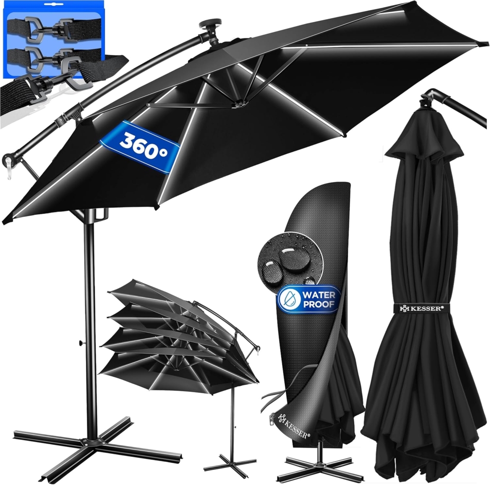 Kesser® Sonnenschirm LED Solar mit Abdeckung, Polyester / Aluminium schwarz, Ø 300cm Bild 1