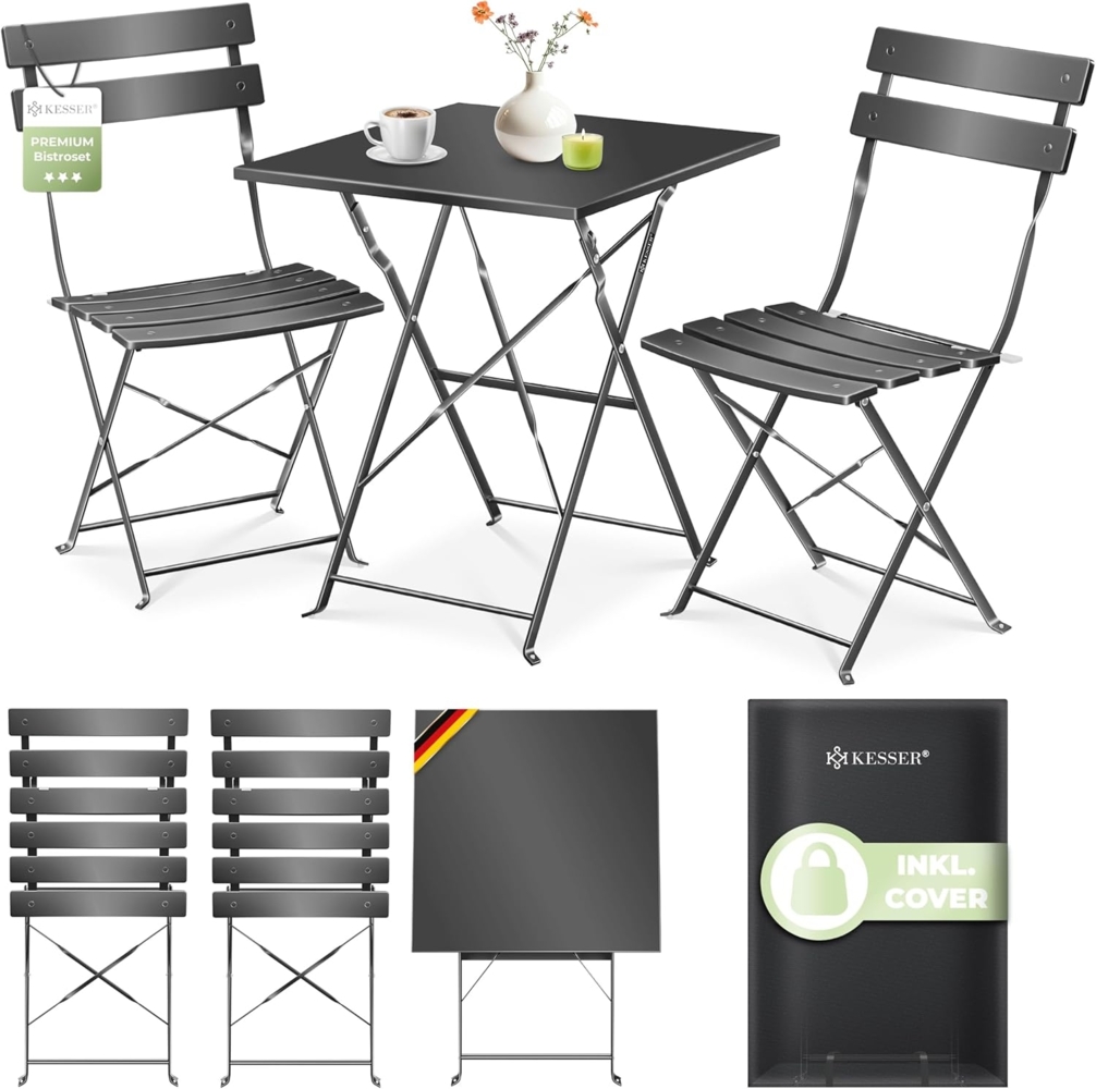 KESSER® Bistroset 3-teilig mit Bistrotisch & 2 Klappbaren Stühlen | Gartenmöbel-Set Outdoor Sitzgruppe | UV & wetterbeständig Gartentisch | Balkonset bestehend aus Klapptisch & 2x Klappstühlen & Cover Schwarz Bild 1