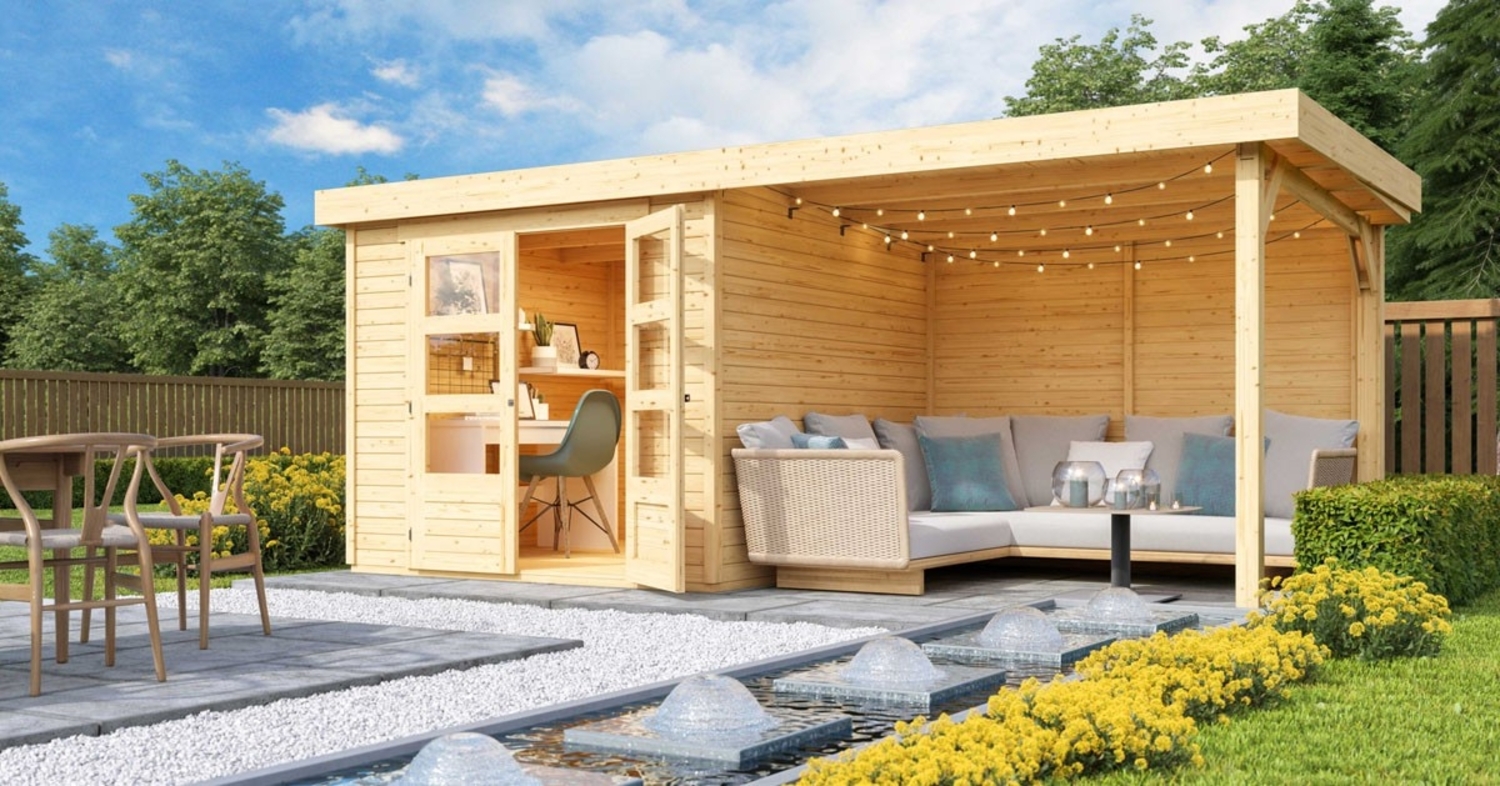 Karibu 19mm Gartenhaus Askola 3,5 mit Anbau 2,80m unbehandelt mit Rückwand Bild 1