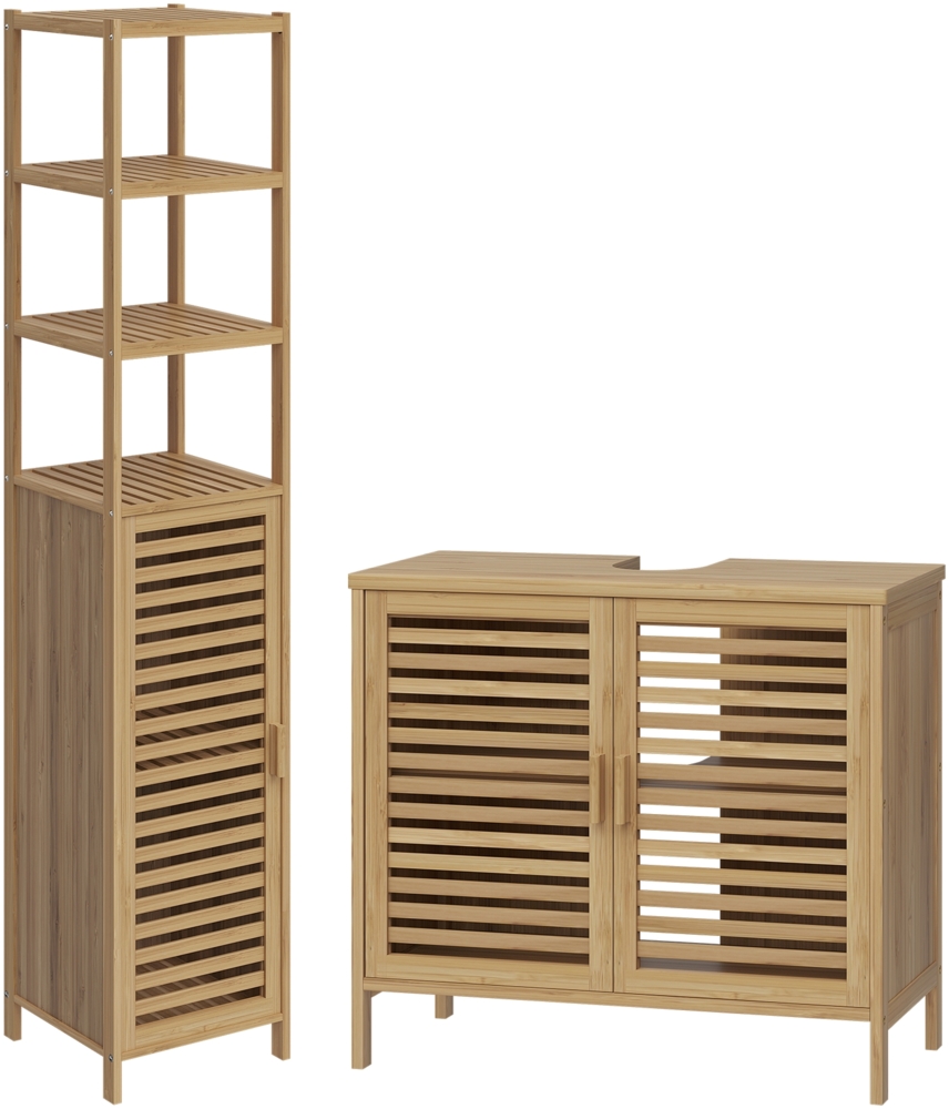 Bellamio 'Newa' Badezimmer Set aus Waschbeckenunterschrank und Hochschrank mit 5 Ablagefächern, Bambus, natur Bild 1