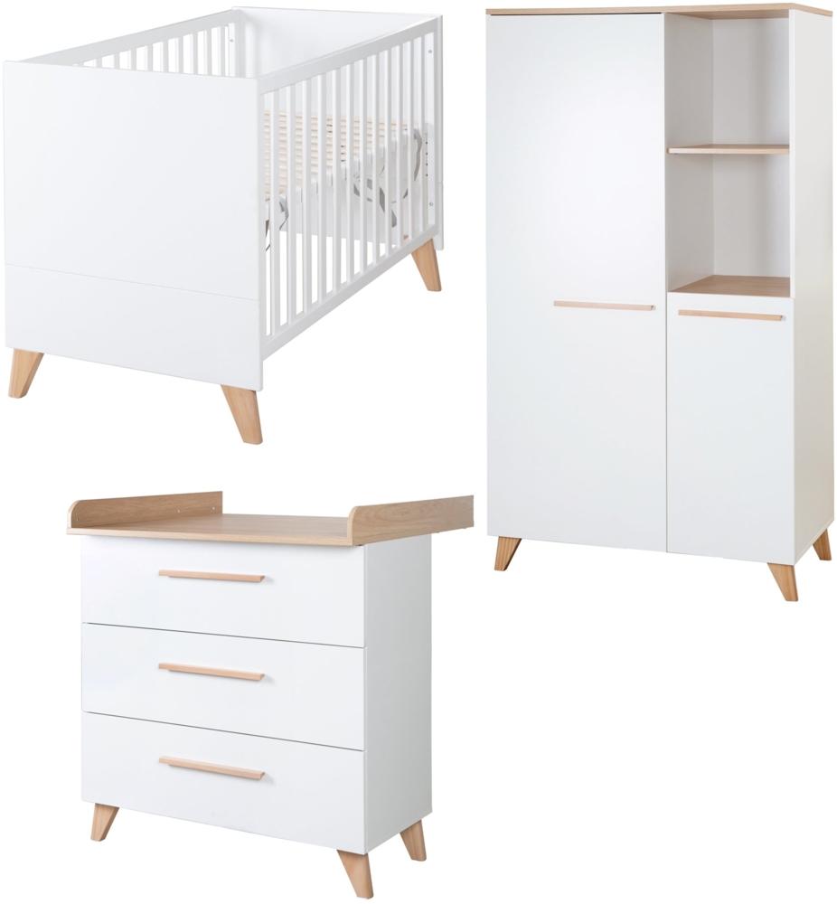 Roba Babyzimmer Set 'Leon' 3-teilig - Baby- & Beistellbett 60x120 cm + Wickelkommode + Kinderkleiderschrank 2-türig - Weiß / Dekor Othello Eiche Bild 1