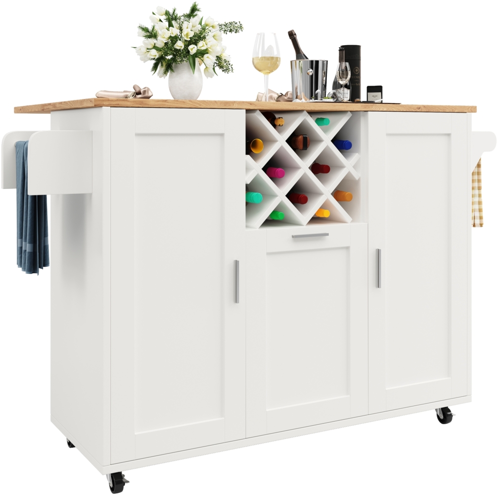 Merax Kücheninsel mit herausnehmbaren Trennwänden, Küchenschrank, Esszimmerwagen mit Arbeitsplatte, Buffetschrank, Esszimmerwagen mit Holzmaserung, seitlicher Handtuchhalter mit Flaschenhalter, weiß Bild 1
