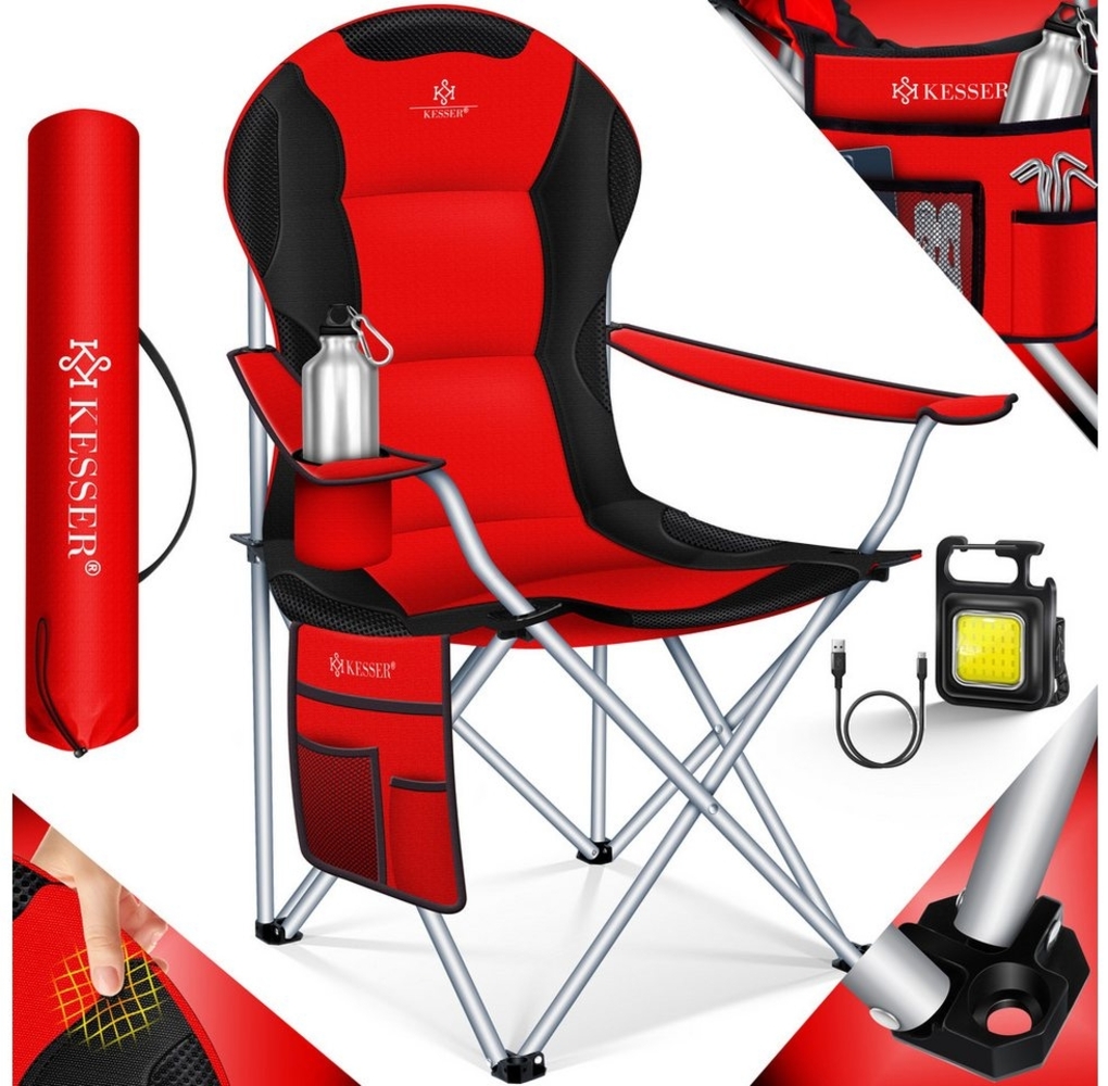 KESSER® Campingstuhl faltbar bis 150 kg Angelstuhl Faltstuhl Klappstuhl Gepolstert mit Armlehnen, Campinglicht und Getränkehalter + Tasche mit hoher Rückenlehne, Strandstuhl, Klapphocker Rot / Schwarz Bild 1
