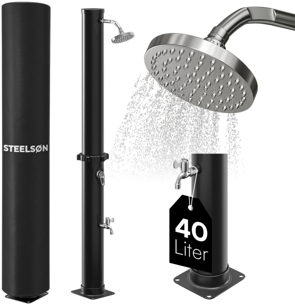 STEELSØN 'Velion' Solardusche 40 Liter, schwarz, warmes Wasser bis 60°C, schwankender Regenduschkopf und Wasserhahn, inkl. Schutzhaube Bild 1