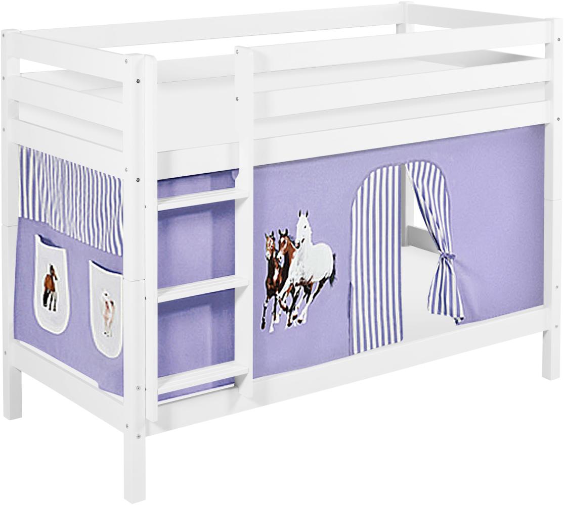 Lilokids 'Jelle' Etagenbett 90x200 cm, Pferde Lila Beige, Kiefer massiv, mit Vorhang und Lattenroste Bild 1