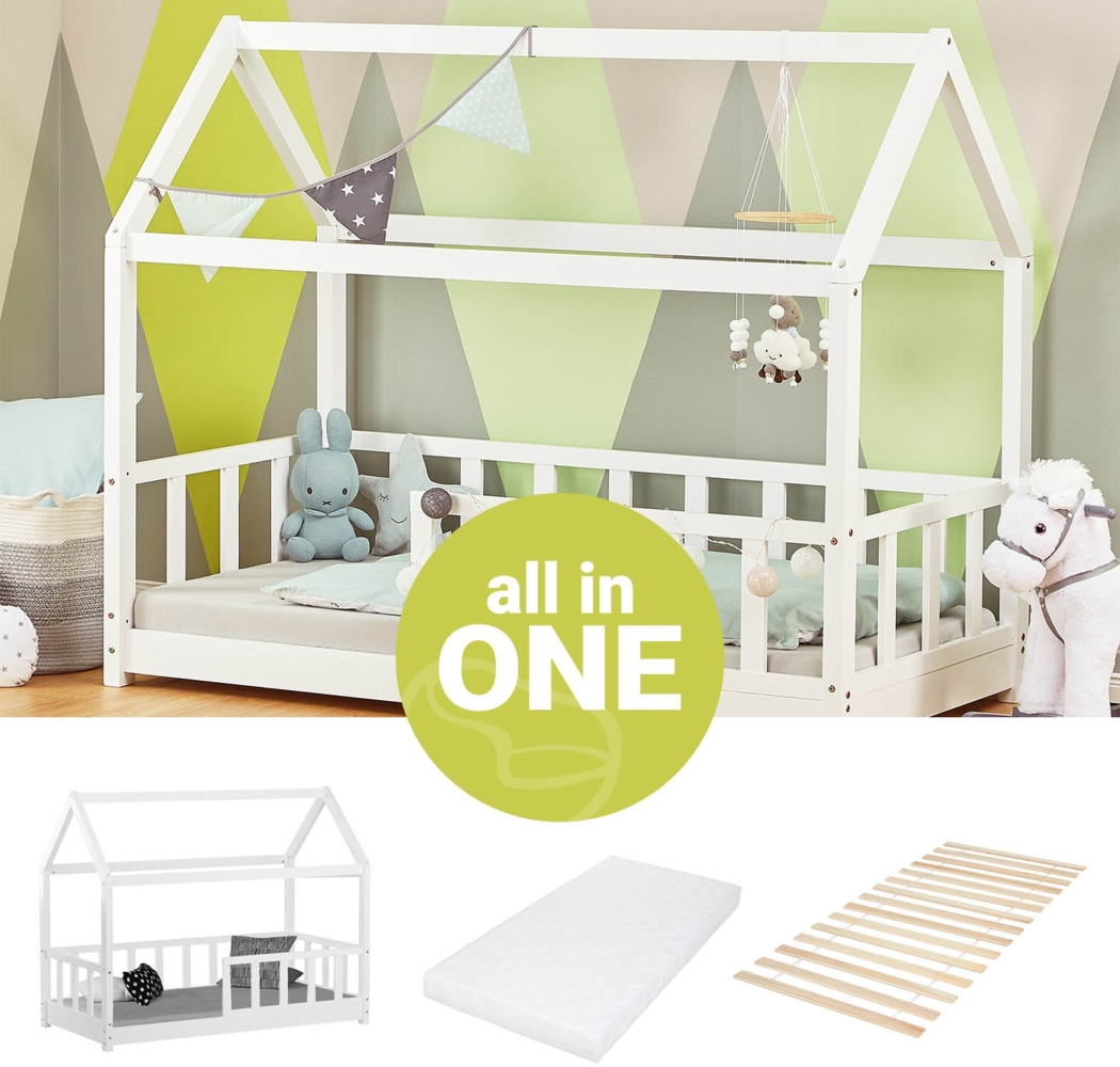Homestyle4u Kinderbett mit Matratze und Rausfallschutz, Holzwerkstoff weiß, 80x160 cm Bild 1