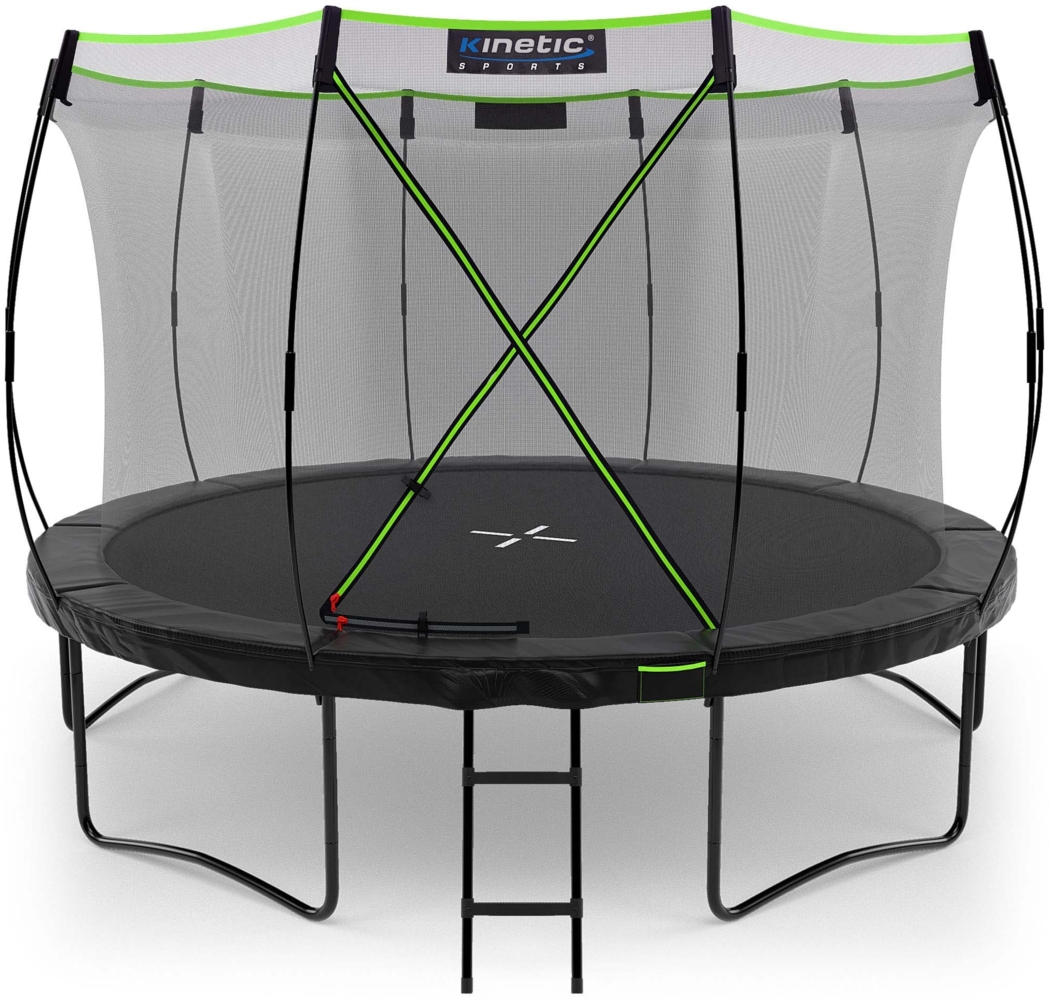 KINETIC SPORTS 'Ultimate Pro' Premium Outdoor Trampolin, für Kinder und Erwachsene, AirMAXX Sprungtuch, mit Leiter, Fieberglas, bis zu 160 kg, Schwarz-Neongrün, Ø 366 cm Bild 1