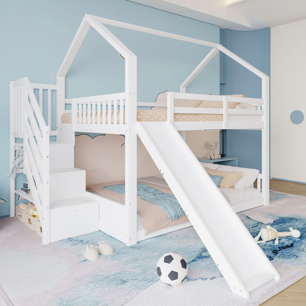 Merax 140x200cm Etagenbett mit Stauraumtreppe und Rutsche, Hausbett, Kinderbett mit Geländer, geeignet für Kinder, Jugendliche, Weiß (Ohne Matratze) Bild 1