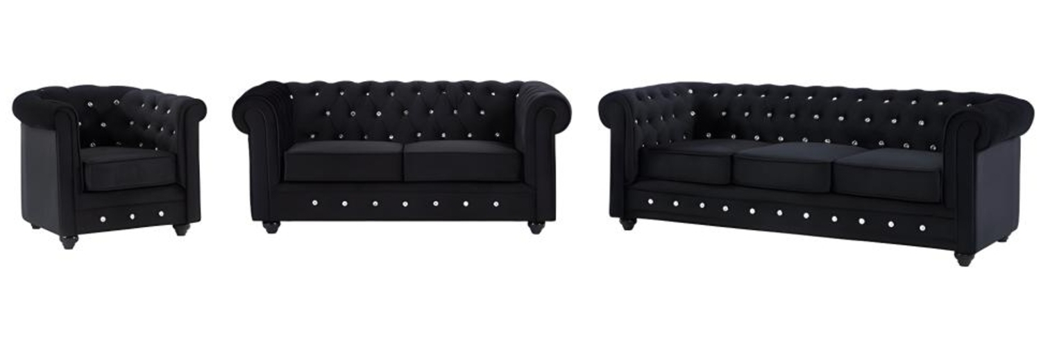 Vente-unique - Sofas 3-Sitzer, 2-Sitzer & Sessel - Samt - Schwarz mit Knöpfen in Kristall-Optik - CHESTERFIELD Bild 1