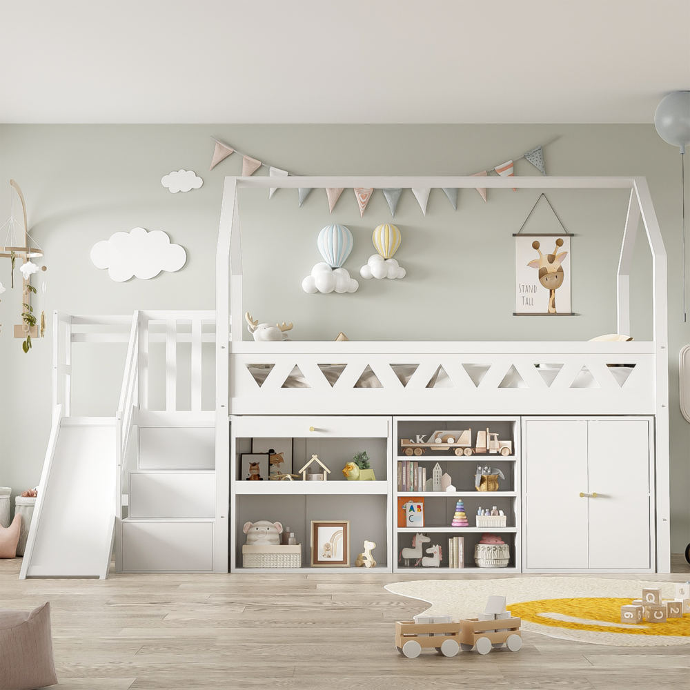 Merax Kinderbett mit Rutsche, Treppen, Schubladen, Schließfach und magnetischer Tür, Massivholz weiß, 90x200 cm Bild 1