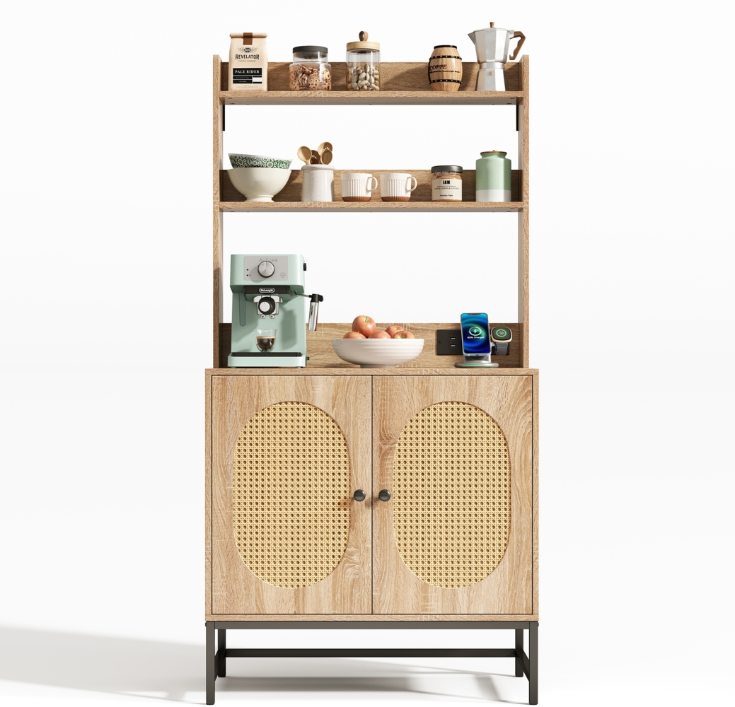 Merax Moderner Buffet-Schrank mit Eichenholz Dekor,Rattan-Doppeltür mit Stauraum, Mit USB&220V Steckdose, Offene Ablagen, Kippschutz Bild 1