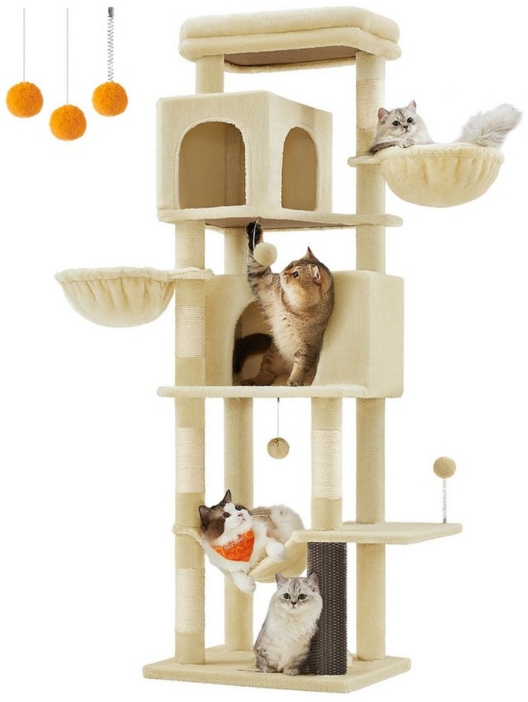 Feandrea XL Kratzbaum mit 2 Höhlen, 2 Liegemulden, 5 Kratzsäulen & Katzenbürste, Spanplatte / Plüsch sandbeige, 175 cm Bild 1