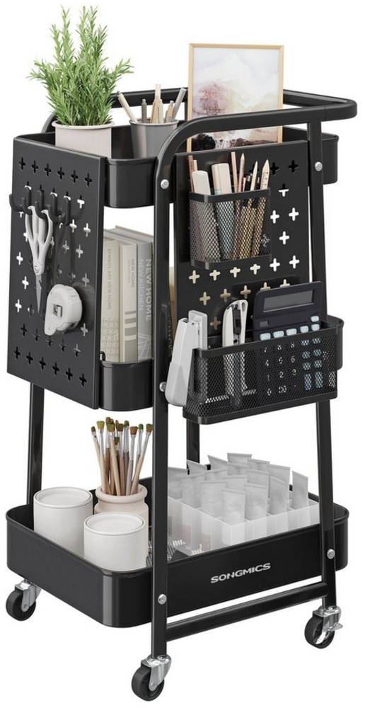 SONGMICS Rollwagen, Küchenwagen, 3 Metallgitterablagen, Servierwagen, 2 abnehmbare Lochplatten, 2 Hängekörbe, 4 Haken, für Büro, Küche, Wohnzimmer, Badezimmer Bild 1