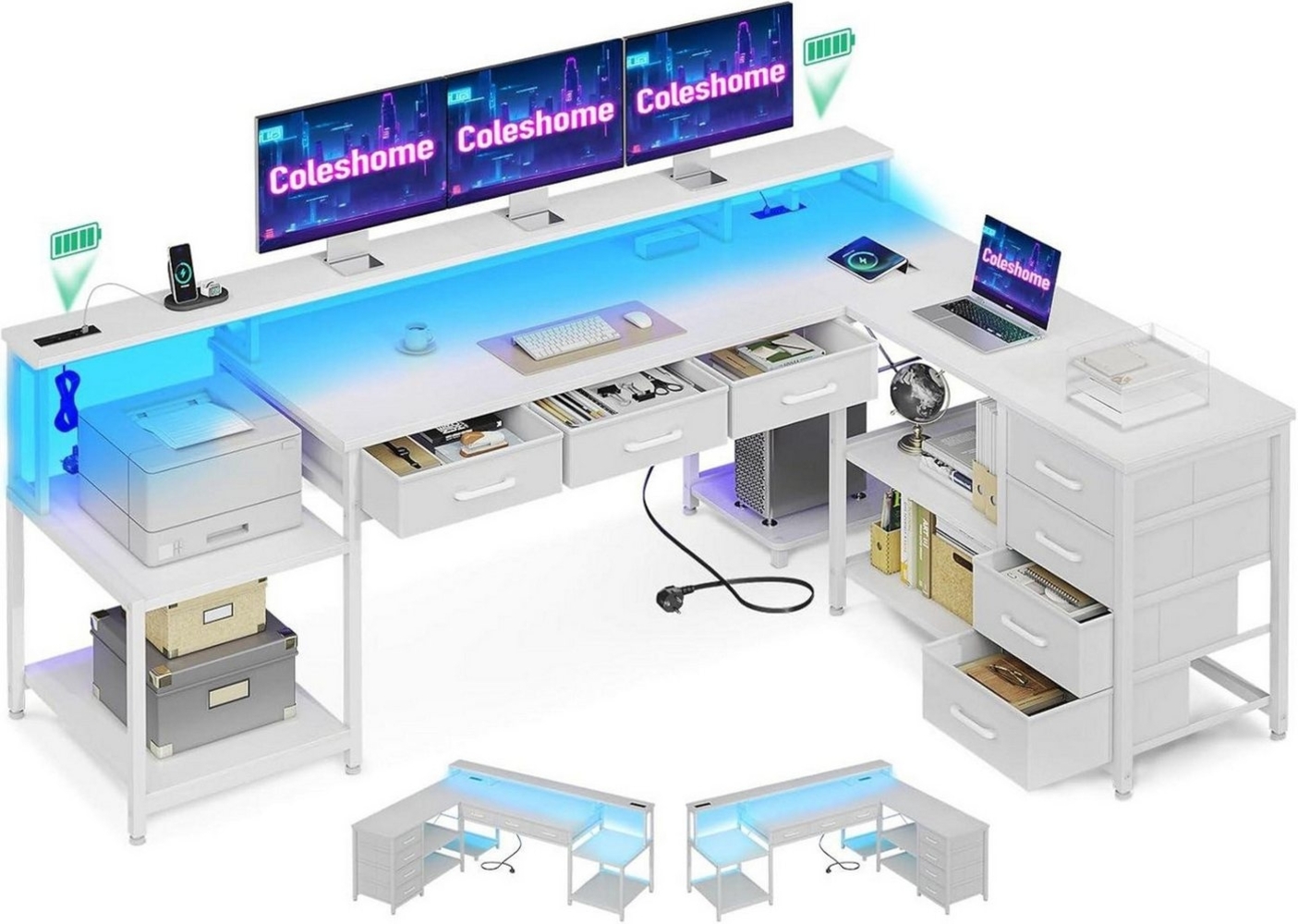 LuxusKollektion Eckschreibtisch Gaming Tisch 7 Schubladen RGB LED Eckschreibtisch L-Form 2 Steckdosen Bild 1