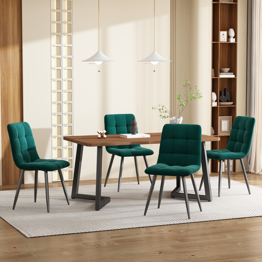 Merax Essgruppe (5-tlg),Esstisch mit 4 Stühlen Set, Moderner Küchentisch Set , Holzmaserung Küchentisch mit Schwarz Metallbeinen, MDF Tischplatte in Walnussfarbe,Dunkelgrün Samt Esszimmerstühle Bild 1