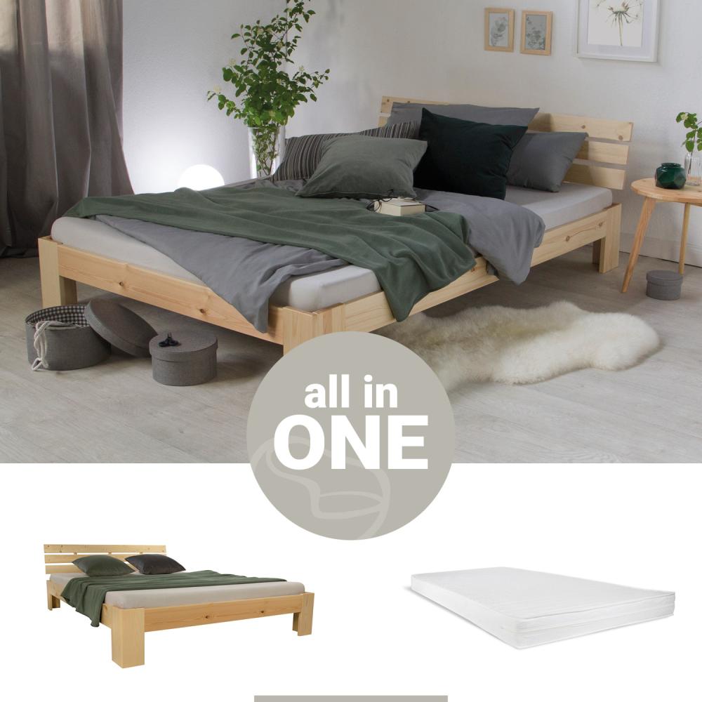 Homestyle4u Futonbett, massives Kiefernholz, Natur, 140x200 cm, mit Matratze Bild 1