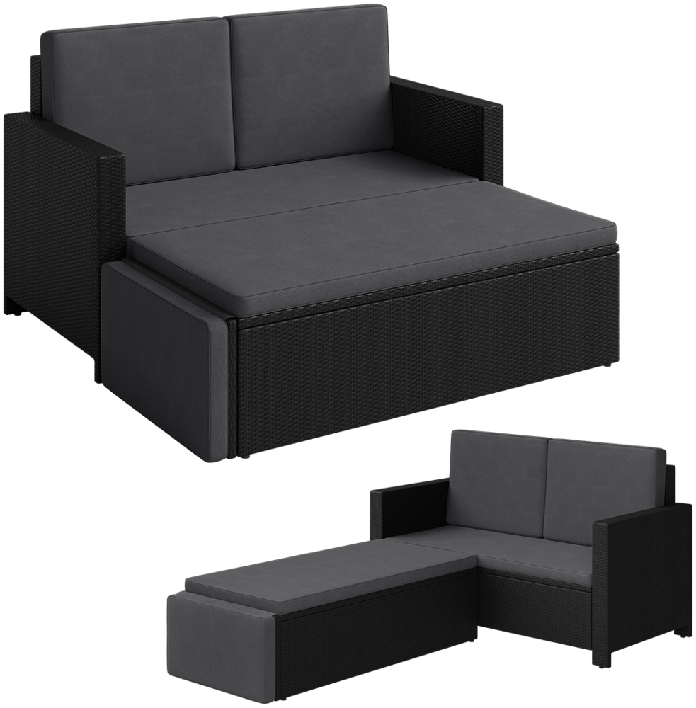 STEELSØN 'Elnath' Polyrattan Gartensofa 2er-Sitzer mit Hocker, klappbar, schwarz/anthrazit, wetterfest, inkl. Kissen Bild 1