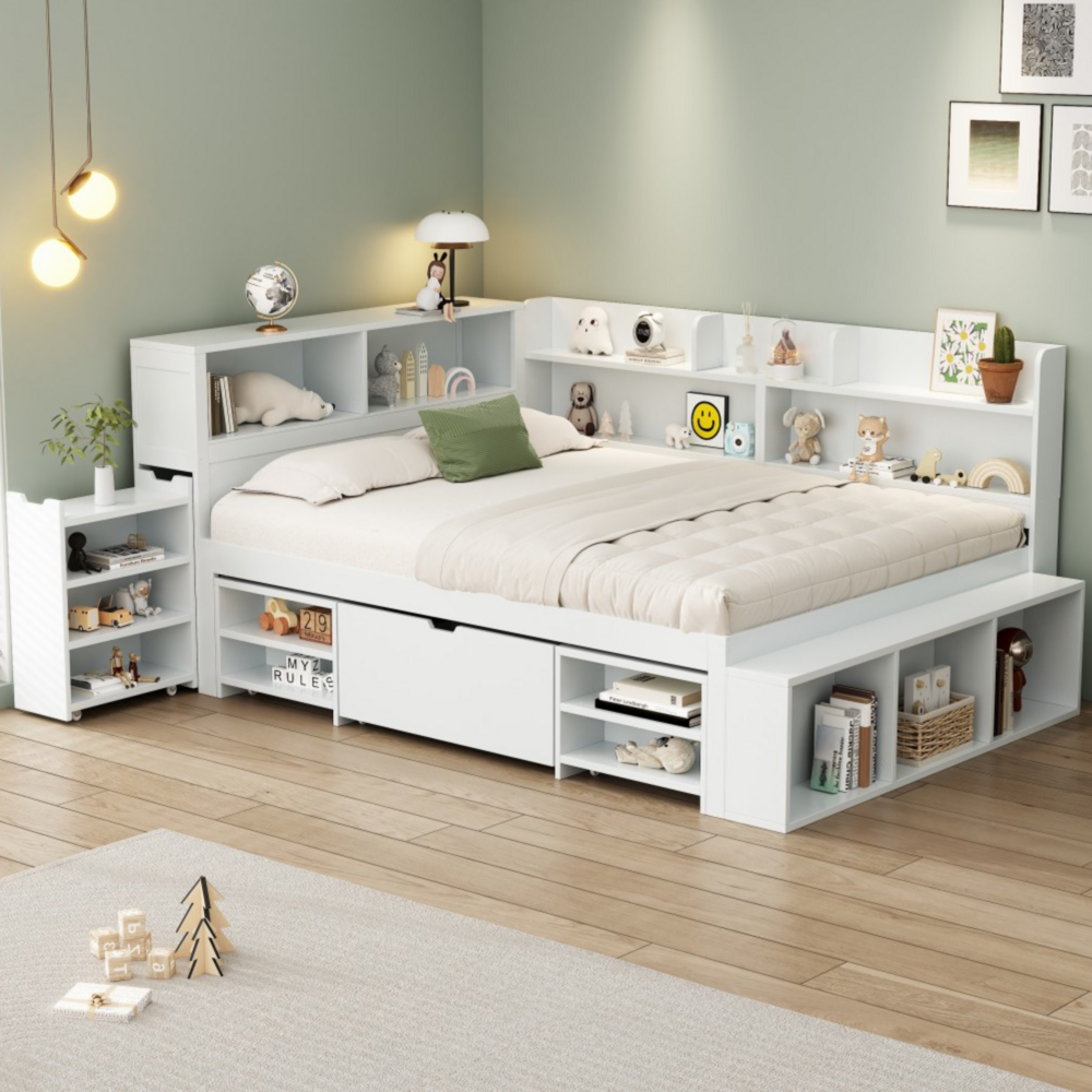 Merax Kinderbett mit Schubladen, Bücherregal & Stauschrank, mit Lattenrost, ohne Matratze, Plywood weiß, 140 x 200 cm Bild 1