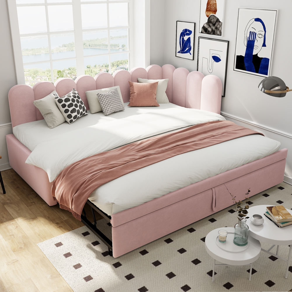 Merax Daybett Polsterbett 90x200cm mit Ausziehbett, Schlafsofa Tagesbett mit Rückenlehne, Jugendbett Kinderbett mit Lattenrost, Sofabett Daybett Samt, Rosa Bild 1