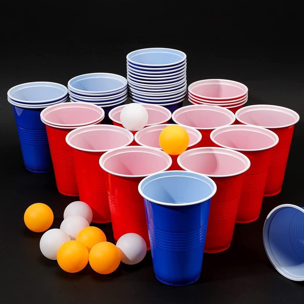Beer Pong Becher Set mit 50 Bechern und 5 Bällen, Kunststoff rot / blau, 473 ml Bild 1