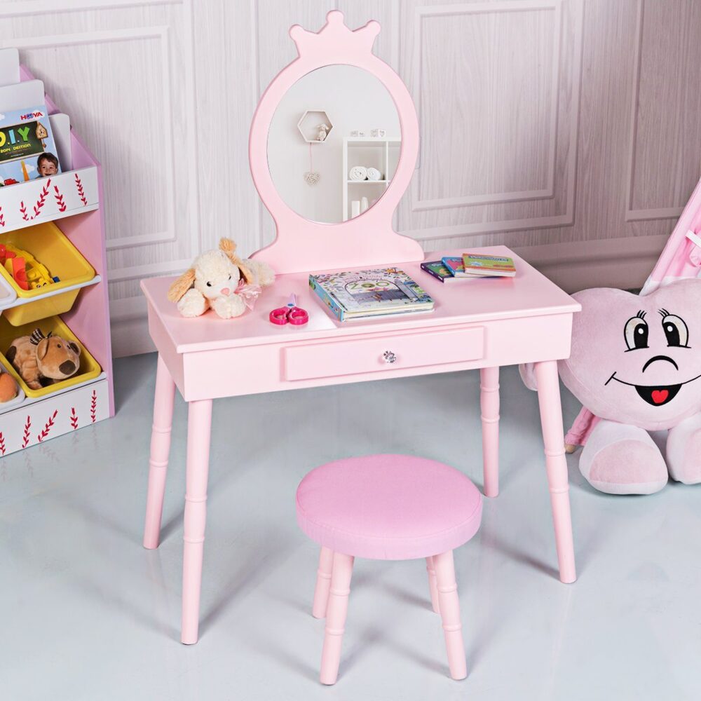 COSTWAY Kinder Schminktisch mit Hocker und abnehmbarem Spiegel, Holz pink, 34 x 70 x 100 cm Bild 1