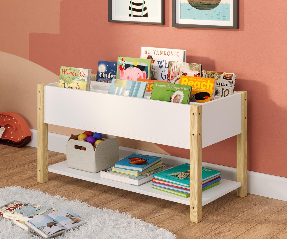 Bellabino 'Teme' Kinderbücherregal mit 4 Ablagefächern und Aufbewahrungsregal, Kiefer massiv, weiß/natur, 80 x 40 x 44 cm Bild 1