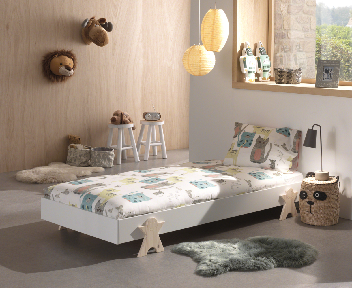 Vipack Modulo Einzelbett/Stapelbett 90x200 cm Liegefläche, weiß lackiert, Fuß Smileystern-Optik Kiefer natur lackiert Bild 1