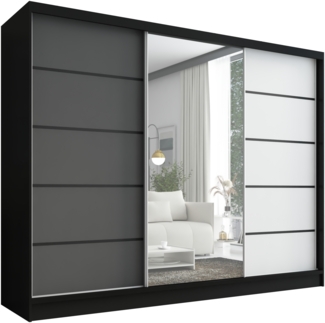 Schwebetürenschrank, 3-türig Schrank 200 cm mit Spiegel AURELIA 2. Farbe: Schwarz, weiß, Eiche Kraft gold